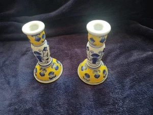Candlestick Holders Pedestal Blue White Yellow Set of 2 - Picture 1 of 5