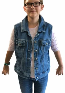 Jean Vest Jacket Denim Girls Large Blue Button Down Top W Pockets Sleeveless - Picture 1 of 7