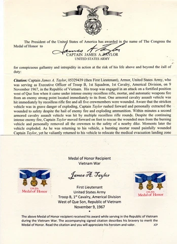 Authentic signed reprint Medal of Honor citation James Taylor Vietnam War Cover