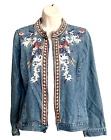Chicos Embroidered Floral Open Front Blue Denim Jacket Boho Casual, Size 1 M/8