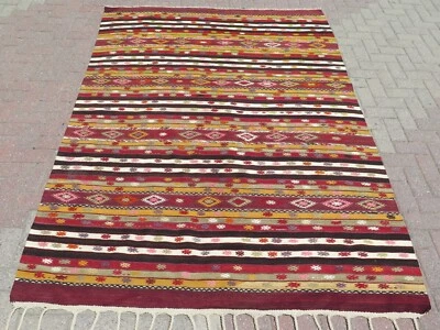 Turkish Rug Wool Kilim, Boho Rugs Handmade Floor Carpet, Large Kelim Rug 69"X96" - Image 1 of 4