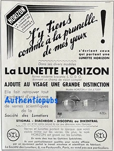 PUBLICITE LUNETTES HORIZON VERRES STIGMAL LUNETIER OPTICIEN DE 1936 AD PUB RARE - Picture 1 of 1