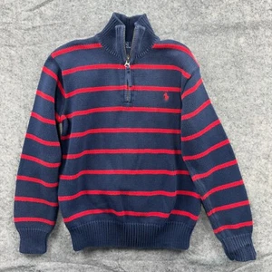 Polo Ralph Lauren Sweater Boys M Navy Blue Red Striped Pullover 1/4 Zip Pony - Picture 1 of 8