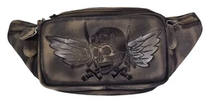 Echt Leder Gürteltasche Bauchtasche Skull Totenkopf Fly Schwarzbraun Gotik Punk - Picture 1 of 5