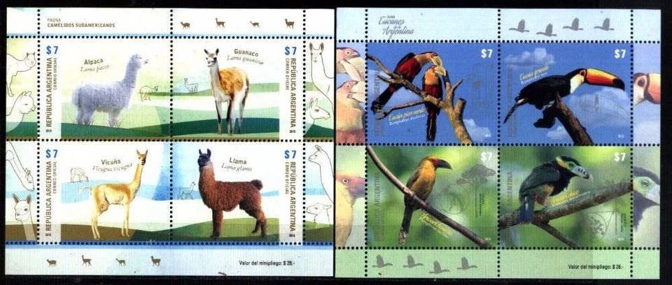 ARGENTINA 2015,FAUNA BIRDS CAMELIDS 2 MINISHEETS YV 3085-92 GJ 255-6 MNH - Image 1 of 3