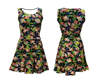 Tropical Flamingo Floral Flowers Retro Vintage Rockabilly 50's 60's Skater Dress - Image 1 of 4