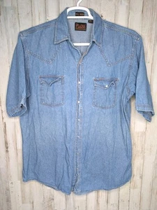 Vintage Plains Western Wear Pearl Snap Shirt Large Button Up Tall Man Chambray - Picture 1 of 8