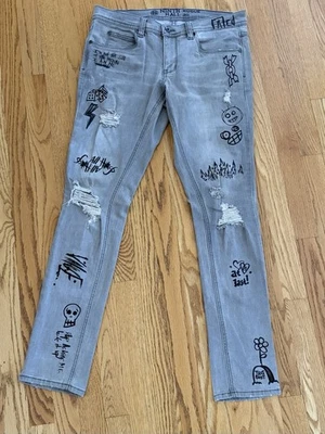 Pantalones de mezclilla Ninth Hall Rogue para hombre 32 W desgastados punk graffiti arte ajustados rasgados patinador Foto 1 de 4