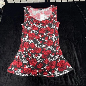 White House Black Market V Neck Top Stretch Black Rose Print Sleeveless - Picture 1 of 4