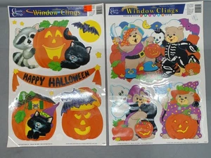 2 Vintage Halloween Window Clings Bears Cat Pumpkins Impact Plastics Made in USA - Picture 1 of 11