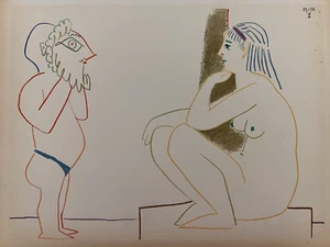 "Litografía de piedra original de Pablo Picasso 1954, "Hombre enmascarado y mujer desnuda" - Imagen 1 de 7