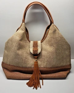 Steven by Steve Madden Cream Canvas Large Hobo Bag Satchel with Tassel (18 x 10) - Picture 1 of 11