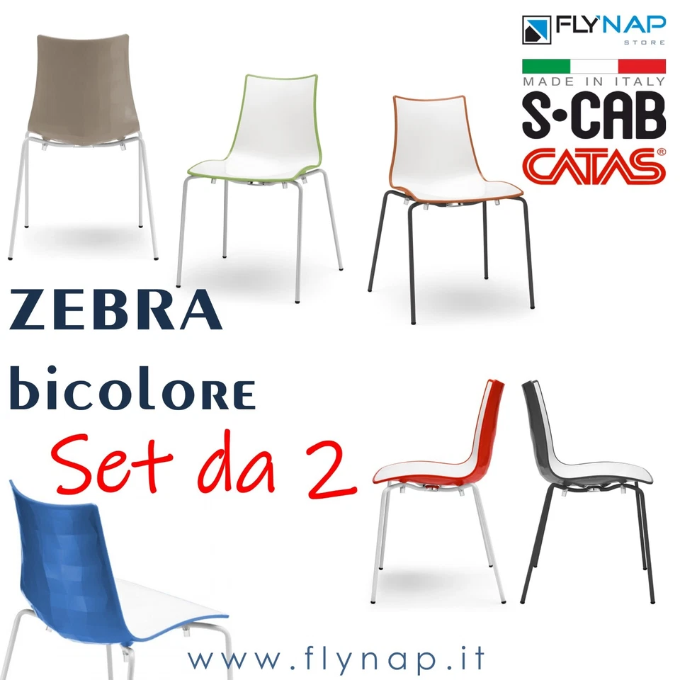SCAB DESIGN SET da 6 SEDIE CASA BAR PRANZO ZEBRA BICOLORE 4 GAMBE VERNICIATE - Immagine 1 di 4