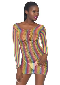 Leg Avenue Rainbow Fishnet Long Sleeved Mini Dress, Multicolor, O/S - Picture 1 of 4