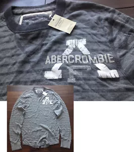 【New】Abercrombie & Fitch Men's【A&F Logo Classic Crew Long Tee】Grey Stripe @XL - Picture 1 of 11