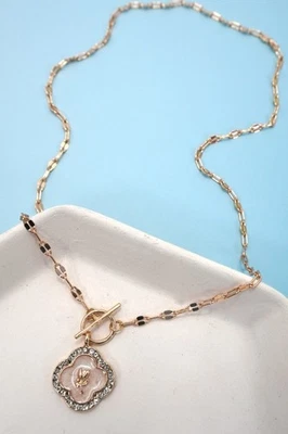 Rhinestone Rose Flower Pearl Charm Toggle Necklace – Gold Plated Paperclip Chain - Image 1 of 3