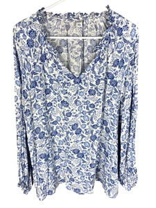 Old Navy Top L weiß blau Boho Blumen offener Ausschnitt Ditzy Fairy Cottage Vacay Bluse - Bild 1 von 3