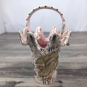 HULL Vintage Tall Handled Basket T4 1955 Pink Blossom Ruffled Vase 9" - Picture 1 of 14