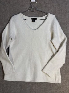 Deane & White Ivory 1X Angora Lambswool Blend V Neck Sweater Stretchy Tight Knit - Picture 1 of 9