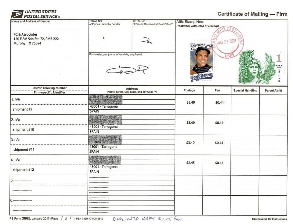 USA #5295 $1 & Yogi Berra new issue stamps used on USPS Form 3665  #ref#357 - Image 1 of 1