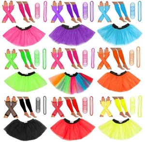 NEON TUTU SKIRTS 80s SET FANCY DRESS LEG WARMERS GLOVES BEADS GUMMYS HEN PARTY - Picture 1 of 10