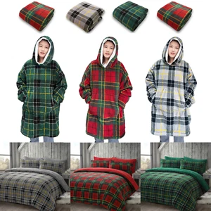 Juego de funda nórdica edredón de lana tartán de peluche a cuadros ropa de cama tiro, abraza sudaderas con capucha - Imagen 1 de 25