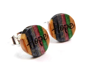 RECYCLED SKATEBOARD Wooden Stud Earrings Hope Love Positive Handmade Fashion - Picture 1 of 6
