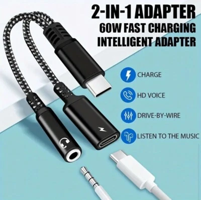 2 IN 1 Audio Charger Splitter Type C Aux Headphone Jack USB C to 3.5mm Adapter - Image 1 of 4