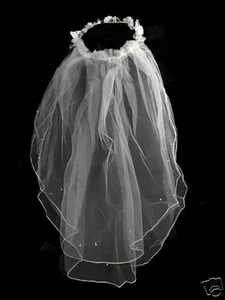 Girls 1st Communion Wedding White Veil 2 Layers Tulle Headpiece with Pearl 22" - Picture 1 of 4