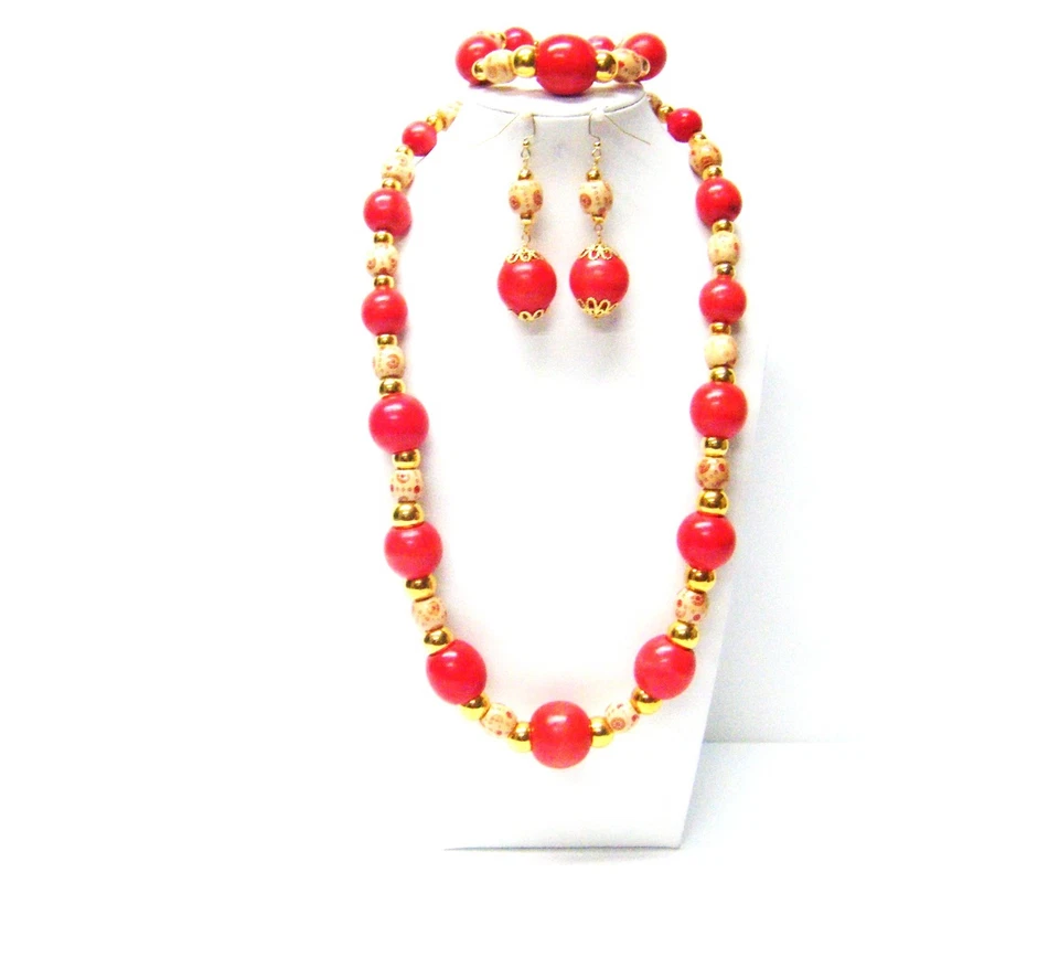 Collar/Pulsera/Pendientes Coral Rojo Redondo con Cuentas de Madera Ovalada Pintada Beige Foto 1 de 4