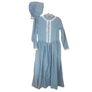 Blue Floral Prairie Colonial Reenactment Dress Pioneer Womens Small & Bonnet - Picture 1 of 10