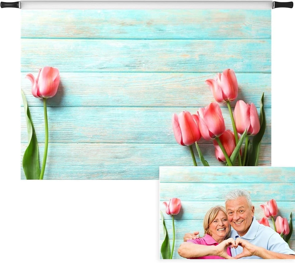 Fundo floral de tulipa rosa 10x5 pés, flores de primavera florescendo em prancha de madeira azul - Imagem 1 de 3
