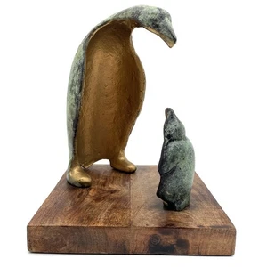 Art & Artifact Parent & Child Penguin Sculpture Cast Metal Figurine Green Wood - Picture 1 of 10