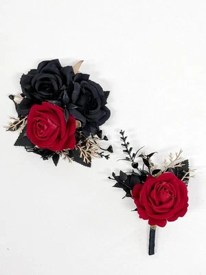 Juego de flores de boda con ramillete de rosas y boutonniere para hombre (negro y rojo) Foto 1 de 4