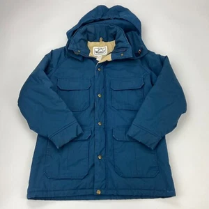 VTG Woolrich Women's Hooded Chore Barn Winter Coat Jacket Size L Parka Blue - Picture 1 of 7