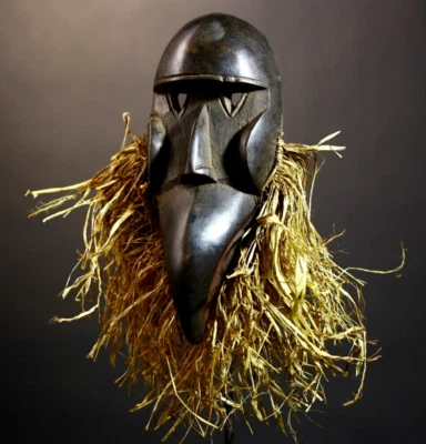 Máscara Grebo africana tribal tallada a mano madera arte de pared con rafia vintage-G4805 Foto 1 de 4