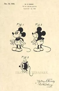 Impresión artística oficial de patente de Mickey Mouse 1930 de EE. UU. - vintage de Walt Disney - antiguo 49 - Imagen 1 de 3
