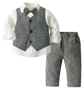 Page Boys Kids Wedding Birthday Party Grey Vest Shirt Outfits Suits Bowtie Set