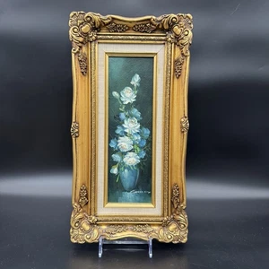 VNTG Robert Cox Floral Still Life Painting Blue / Gold Frame - Signed 17/8.75in - Picture 1 of 9