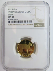 1988 1/5 oz Gold Crown Isle of Man Manx Cat NGC MS69 Elizabeth II 1st year issue - Picture 1 of 2