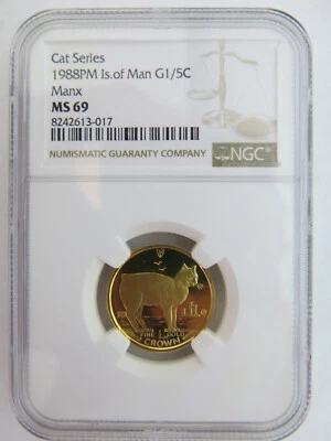 1988 1/5 oz Gold Crown Isle of Man Manx Cat NGC MS69 Elizabeth II 1st year issue - Image 1 of 2