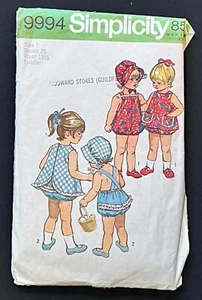 Simplicity 9994 Toddlers Playsuit/Pinafore/Bonnet Vintage 1972 Pattern Sz 1 Cut - Picture 1 of 2
