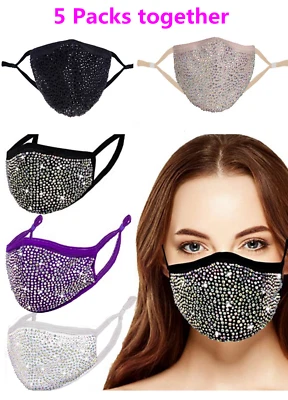 5 Pack Rhinestone Face Mask Bling Glitter Fashion Fancy Reusable Bling Mask - Image 1 of 4