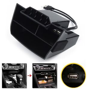 USB equipped Inner Console Central Storage Box for Honda Civic 2016 2019 Black