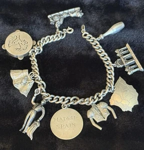 Antikes STERLING Bettelarmband Spanischer Madador Madrid 9 Charms - Bild 1 von 14