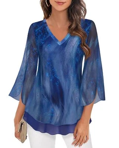 Timeson Ladies Tunic Tops Floral V Neck Loose Fitted Office Wear Navy Blue XL - Picture 1 of 6