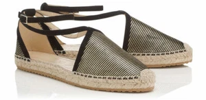 JImmy CHOO DONNA NEGRO DORADO A RAYAS LOGO ALPARGATA ZAPATOS PLANOS UE 40.5 I LOVE - Imagen 1 de 8