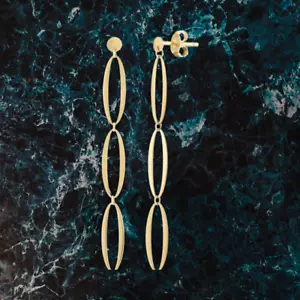 Elegantes pendientes de gota triple ovalados de oro amarillo de 14 K pulido con cierre empujador hacia atrás - Imagen 1 de 2