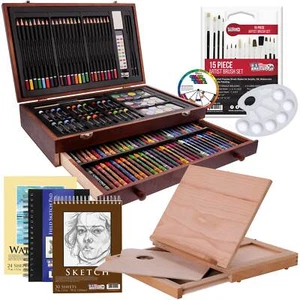 163pc Art Drawing Artist Paint Sketch Pencil Pastel Paper Crayons Easel Wood Box - Picture 1 of 5
