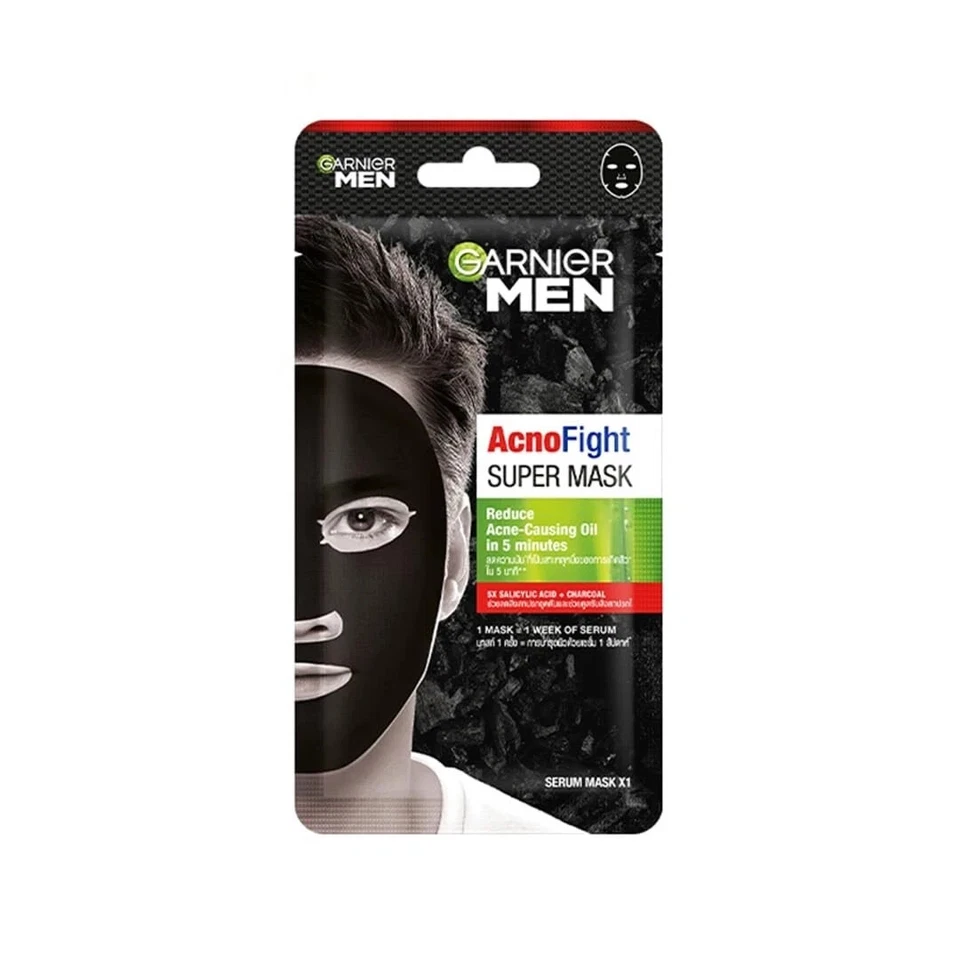 Garnier Hombres Acno Fight XL Mascarilla de Tejido Hombres, 5X Ácido Salicílico y Carbón 22g Foto 1 de 4